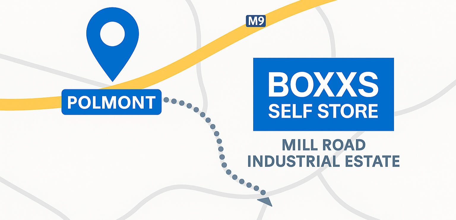 Simple map showing Boxxs Self Storage at Mill Road Industrial Estate in Linlithgow, located just 10 minutes from Polmont