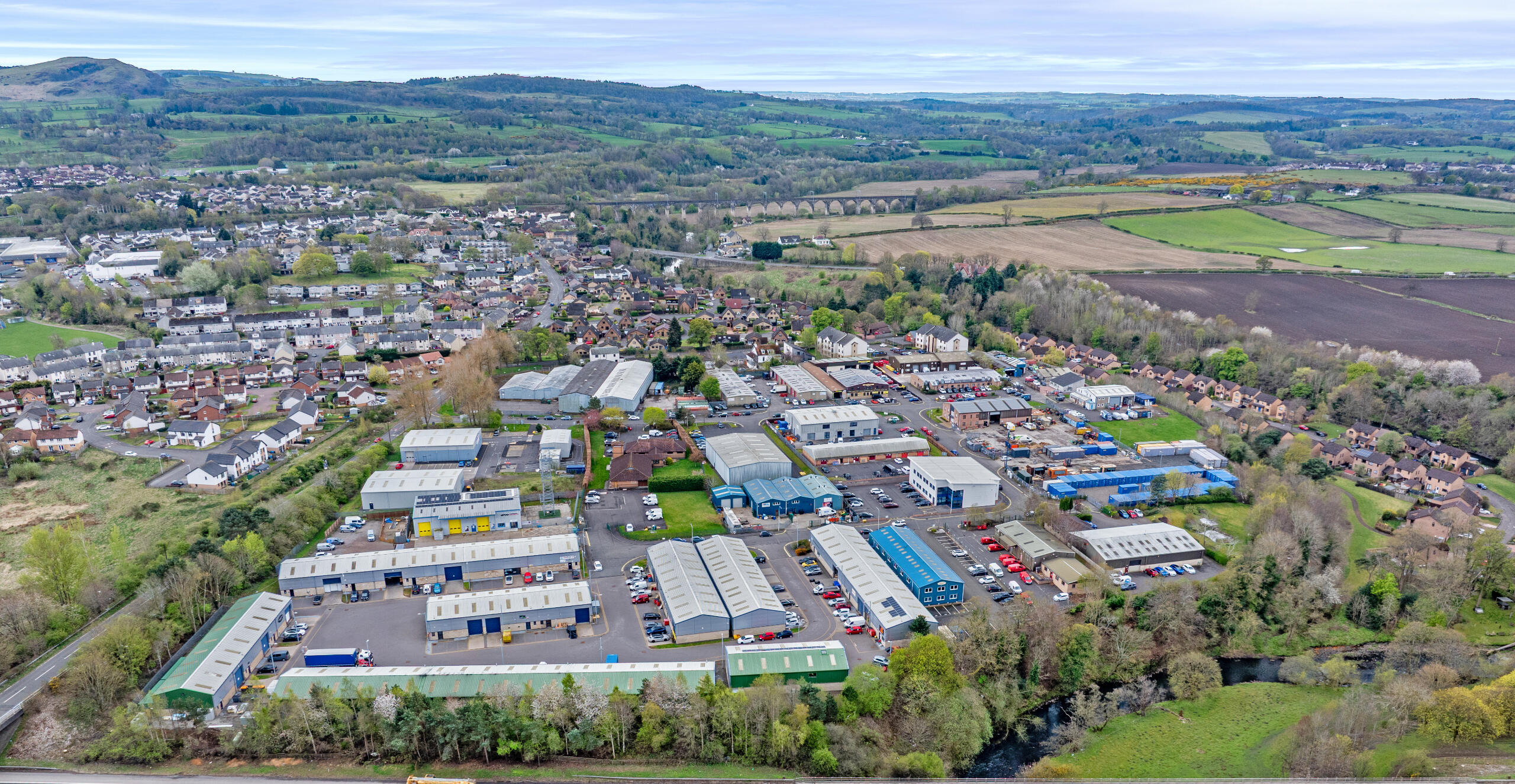 Aerial photo of Mill Road Industrial Estate in Linlithgow, home to Boxxs Self Storage serving West Lothian and Falkirk customers