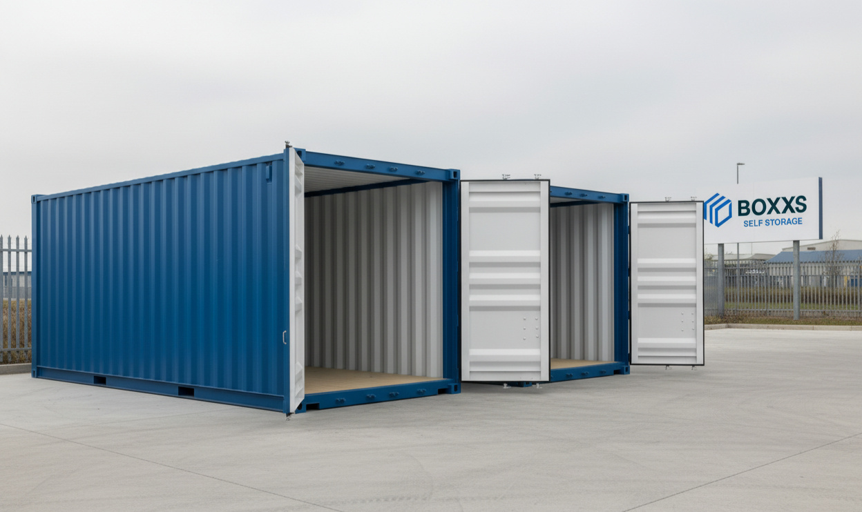 Alternate view of two Boxxs self storage containers with open doors at the Linlithgow site, offering secure and flexible storage for Bo’ness and West Lothian customers